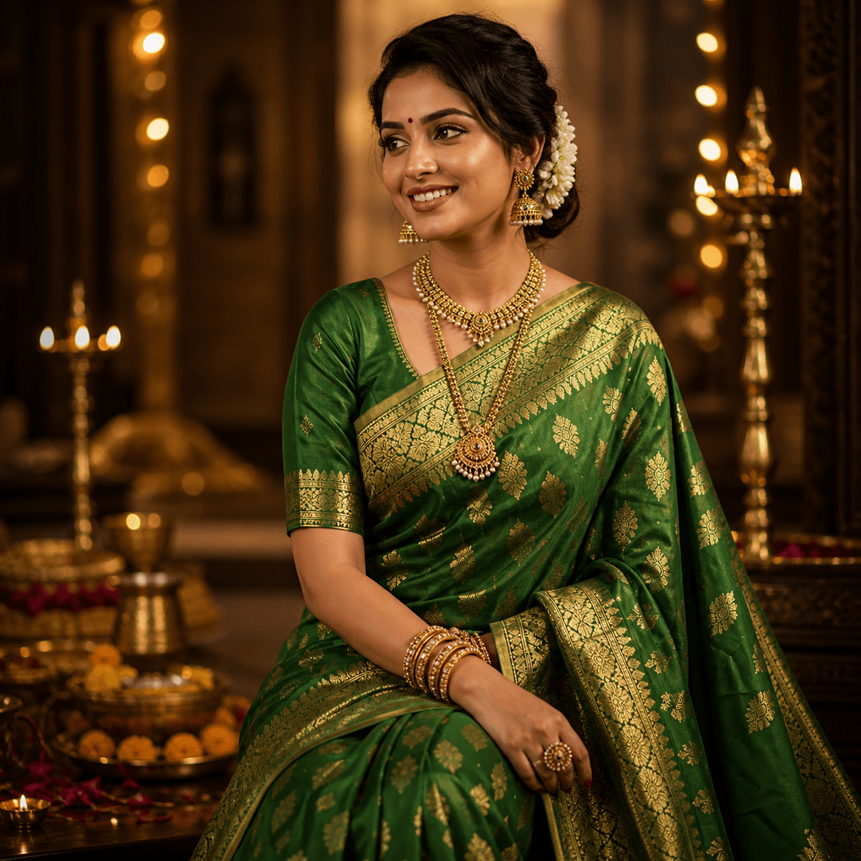 Festive Banarasi sarees arranged for celebrations