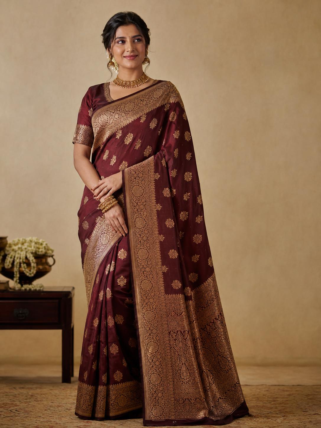 Elegant woman wearing Banarasi saree for smart saree recommendations